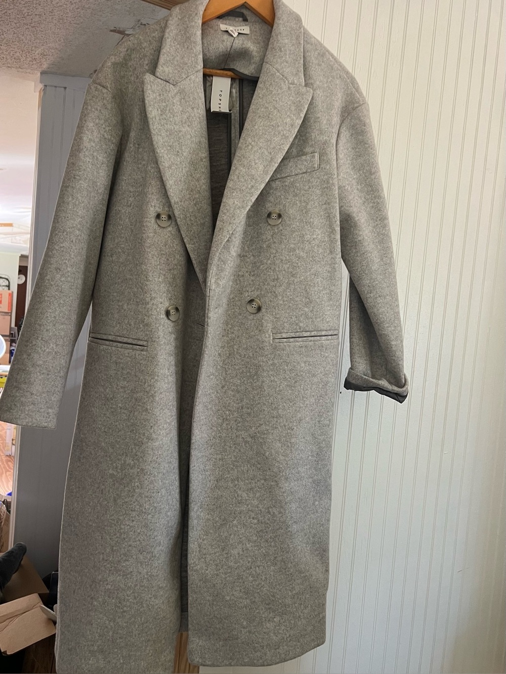 Topshop Double-Breasted Long Wool Pea Coat - Light Gray
